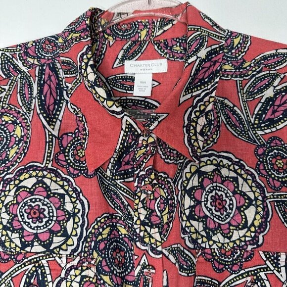 LInen Charter Club Shirt Button up Floral Long sleeve roll tab 18W Coral - Picture 2 of 10